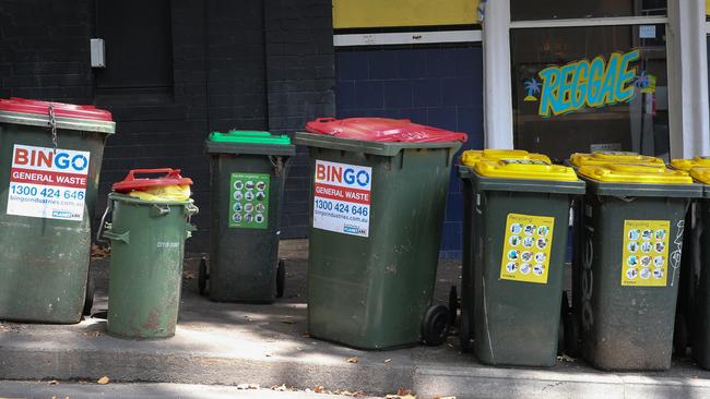 SYDNEY, AUSTRALIA - Newswire photos FEBUARY 08 2022: A view of bins out full of rubbish waiting to be emptied in Darlinghurst as the waste workers strike continues leaving the streets of the city of Sydney overrun with rubbish. Picture: NCA Newswire / Gaye Gerard