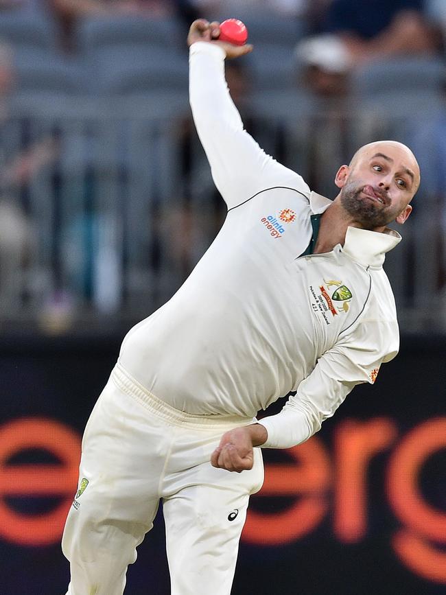 Australia’s Nathan Lyon in action at Perth. Picture: AFP