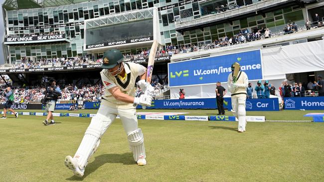 Australian players David Warner and Usman Khawaja walk onto the field before batting during Day One of the Ashes third Test Match between England and Australia. Picture: Getty Images