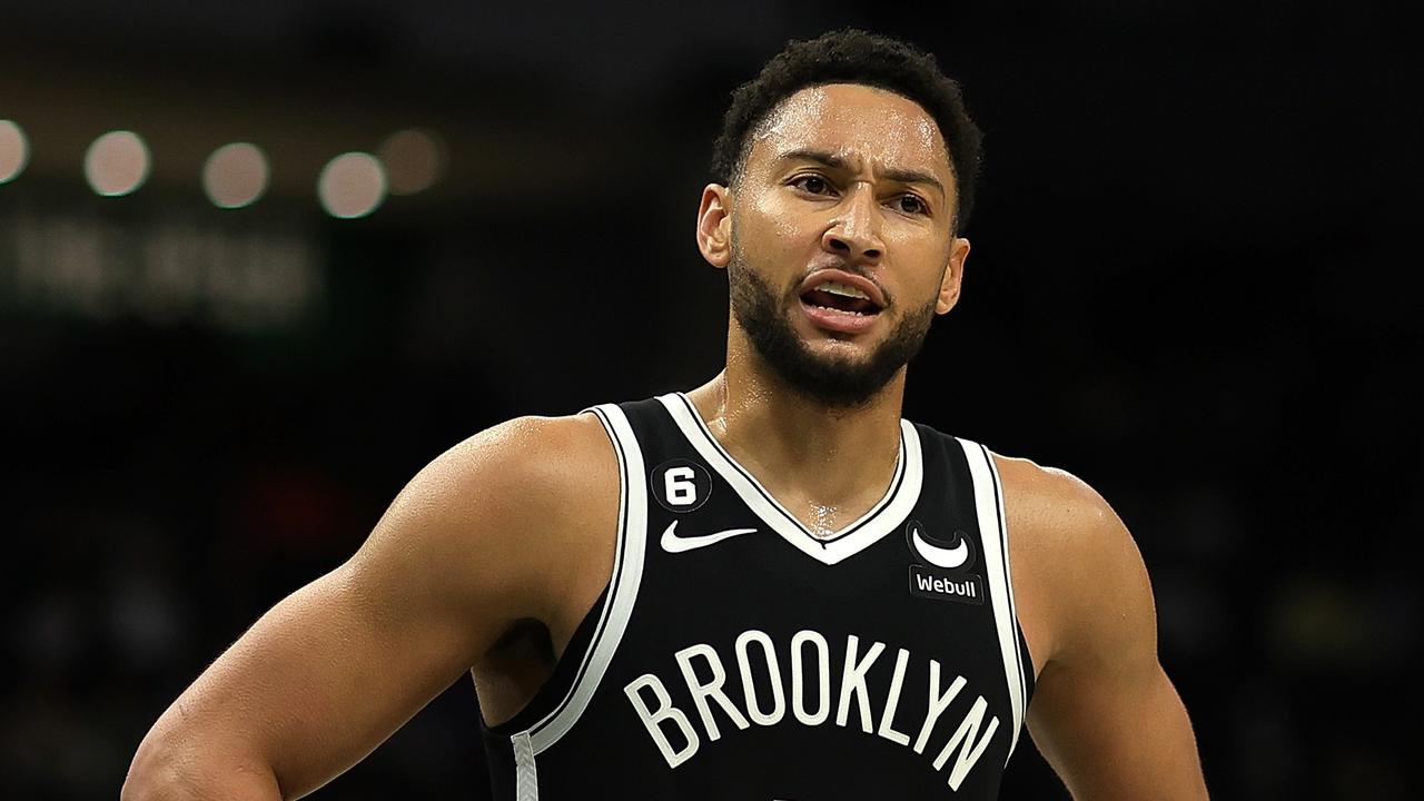 MILWAUKEE, WISCONSIN - OCTOBER 12: Ben Simmons #10 of the Brooklyn Nets reacts to an officials call during the first half of a preseason game against the Milwaukee Bucks at Fiserv Forum on October 12, 2022 in Milwaukee, Wisconsin. NOTE TO USER: User expressly acknowledges and agrees that, by downloading and or using this photograph, User is consenting to the terms and conditions of the Getty Images License Agreement. Stacy Revere/Getty Images/AFP