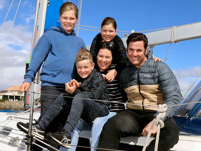 FEBRUARY 4TH 2021: Erin and Dave Careywith their kids Hamish (11), Jack (10) and Christian (6) are planning on travelling around the world on a Yacht. Photographer at North Haven. Picture: Kelly Barnes