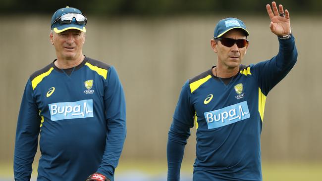 Australian Justin Langer (right) and Waugh at a training session during the 2019 Ashes. Picture: Ryan Pierse/Getty Images