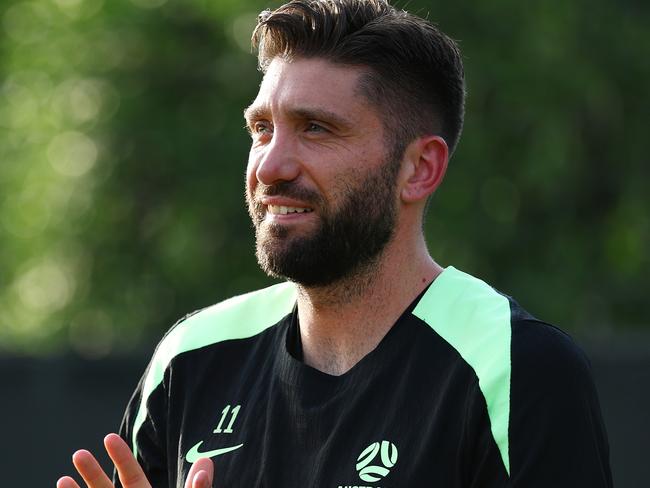 ABU DHABI, UNITED ARAB EMIRATES - MAY 24: Brandon Borrello arrives to attend  the Australia Socceroos player training camp at the Ritz Carlton Training Pitch on May 24, 2025 in Abu Dhabi, United Arab Emirates. (Photo by Francois Nel/Getty Images)