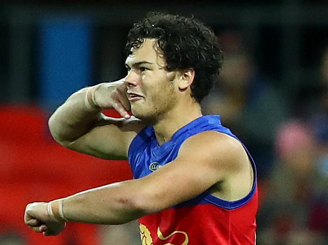 GOLD COAST, AUSTRALIA - JULY 26: Cam Rayner of the Lions celebrates a goal during the round 8 AFL match between the Melbourne Demons and the Brisbane Lions at Metricon Stadium on July 26, 2020 in Gold Coast, Australia. (Photo by Jono Searle/AFL Photos/via Getty Images)