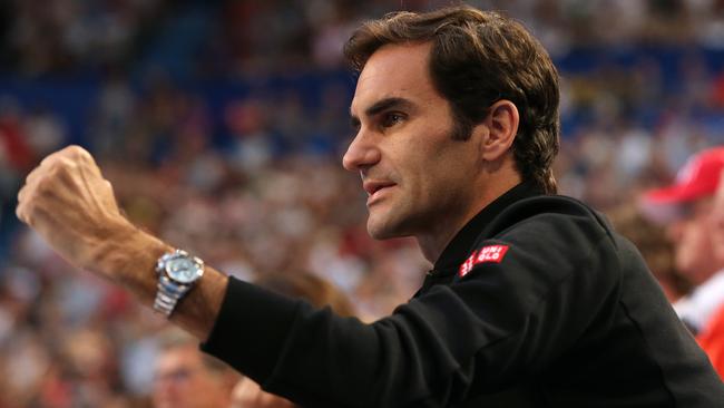 Roger Federer cheers on Belinda Bencic in the women's singles final against Angelique Kerber. Picture: Getty Images 