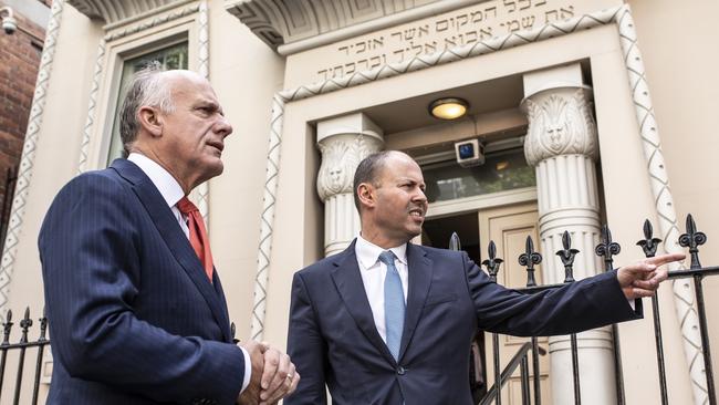 The Australian Government is providing $2 million dollars towards a Tasmanian Holocaust Education and Interpretation Centre. Photograph shows Treasurer Josh Frydenberg at the Hobart Synagogue with Eric Abetz. Picture: Eddie Safarik