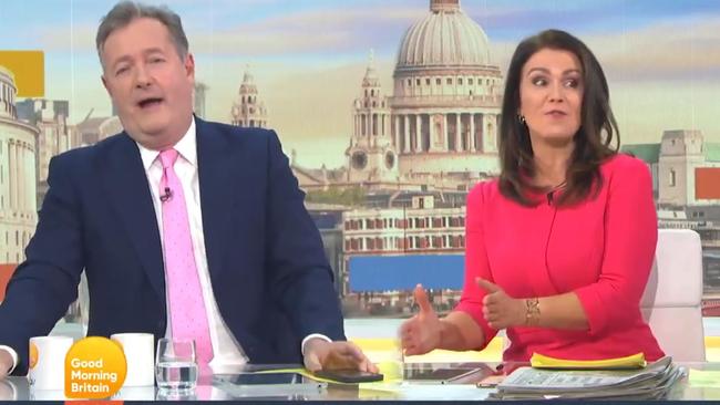 Piers Morgan and his co-host Susanna Reid got in a heated discussion over Meghan and Harry on Good Morning Britain today. Picture: ITV