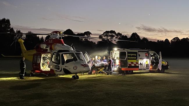 The Westpac Rescue Helicopter takes a man from a serious motorcycle crash at Billy's Creek to Gold Coast University Hospital