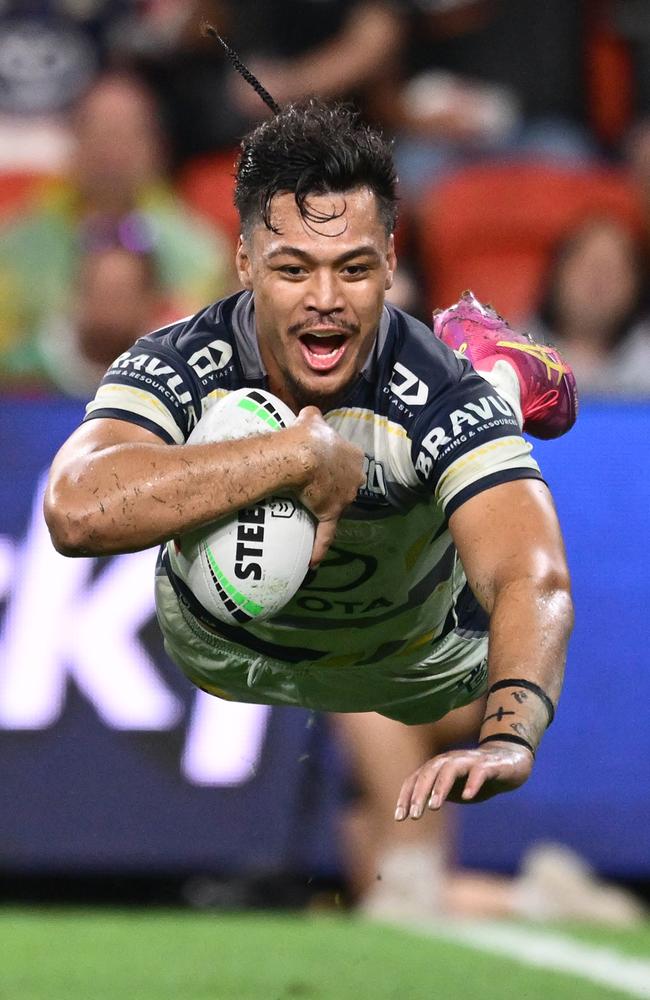 Jeremiah Nanai of the Cowboys scores a try during the round nine NRL match between the New Zealand Warriors and North Queensland Cowboys at Suncorp Stadium on May 03, 2025, in Brisbane, Australia. (Photo by Hannah Peters/Getty Images)