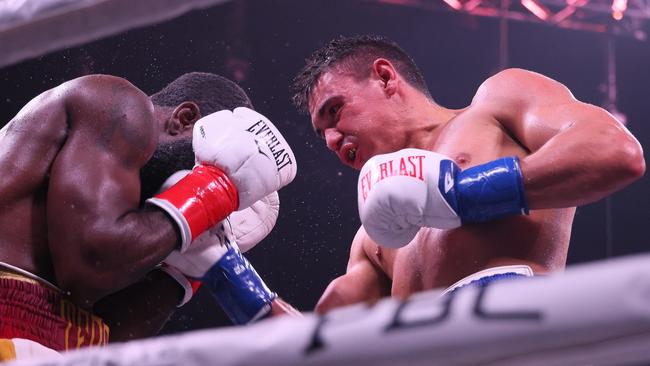 Tszyu goes to work on Terrell Gausha on Sunday.