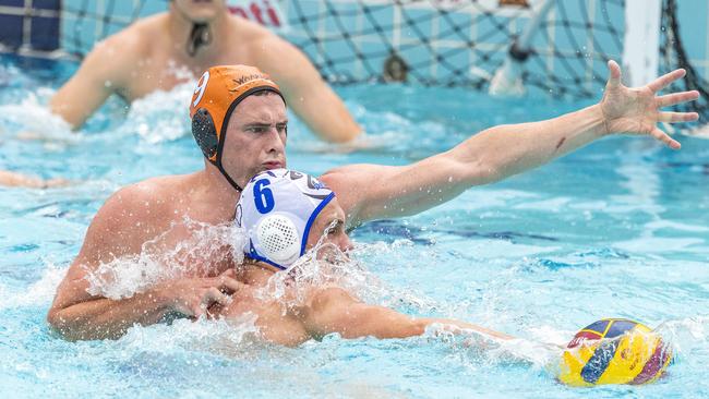 Mason Fettell and Kobe Jennison in a Queensland Premier League Water Polo match. Picture: Richard Walker