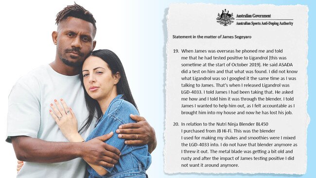 Exiled NRL star James Segeyaro and his wife Saryne are taking his fight against a positive drug test to an NRL anti-doping tribunal. Picture: David Swift