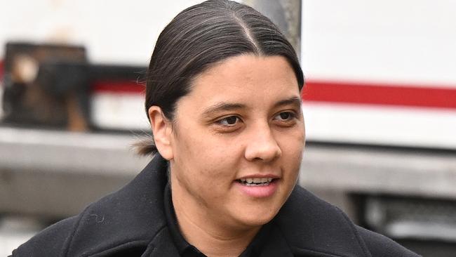 KINGSTON UPON THAMES, ENGLAND - FEBRUARY 3: Australian footballer Sam Kerr arrives outside the Crown Court ahead of her trial for a racial harassment case on February 3, 2025 in Kingston upon Thames, England. The Matildas star, who also plays professionally for Chelsea in the Women's Super League, is facing charges of "racially aggravated harassment" of a police officer related to an incident in Twickenham on January 30, 2023.  (Photo by Leon Neal/Getty Images)