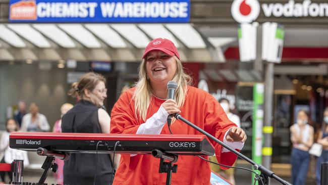 Tones and I performs at the Bourke St Mall in Melbourne during a pop up busking show. Picture: Tim Carrafa