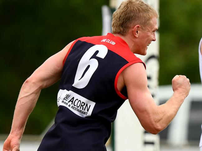 Ryan Garthwaite of Montrose celebrates kicking a goal during the 2023 Eastern Football Netball League 1st Division Seniors Semi Final match between South Belgrave and Montrose at Tormore Reserve in Boronia, Victoria on August 26, 2023. (Photo by Josh Chadwick)