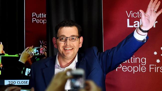 Labor's Dan Andrews celebrates his Victorian State Election victory at the Mulgrave Country Club. Picture: Jake Nowakowski