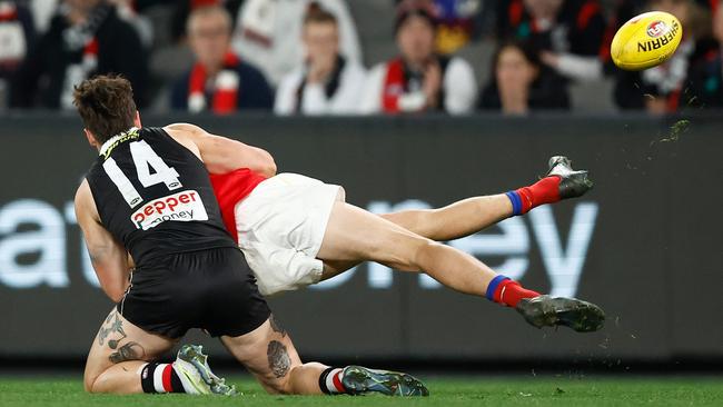 Liam Stocker was reported for this tackle on Brisbane’s Eric Hipwood. Picture: Michael Willson/AFL Photos