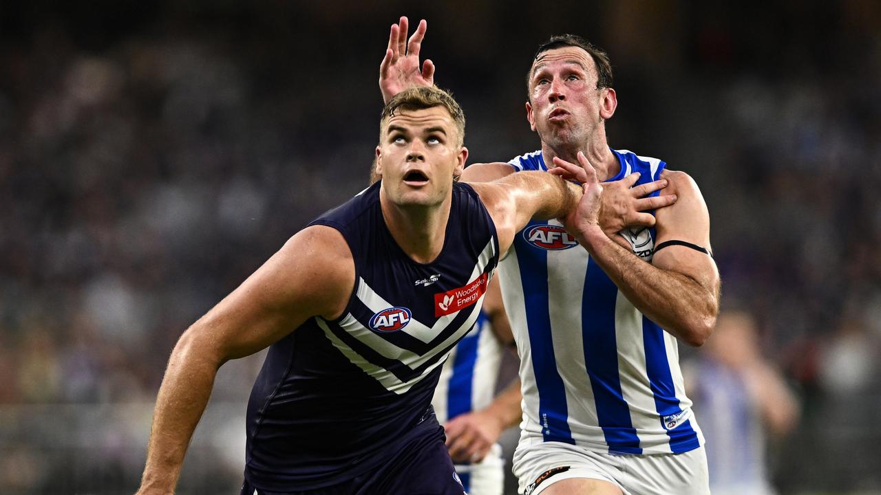 Sean Darcy was comprehensively beaten by Todd Goldstein. Picture: Daniel Carson/AFL Photos via Getty Images