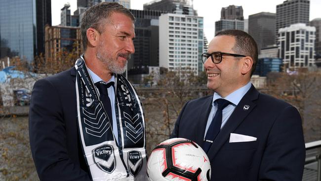 New coach Marco Kurz with Melbourne Victory chairman Anthony Di Pietro on Wednesday. Picture: AFP