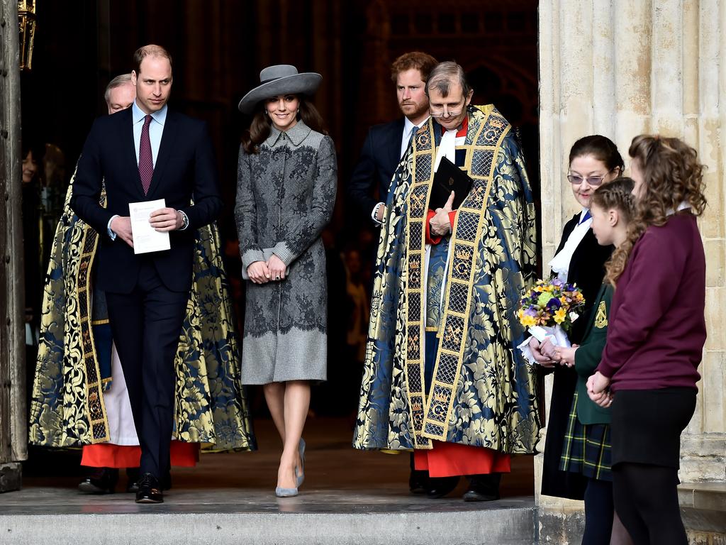 Prince William, Duke of Cambridge, Catherine, Duchess of Cambridge and Prince Harry depart the Commonwealth Observance Day Service on March 14, 2016 in London, United Kingdom. Picture: Getty