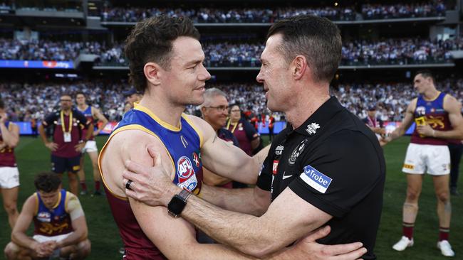 MELBOURNE, AUSTRALIA - SEPTEMBER 30: Lachie Neale of the Lions congratulates Magpies head coach Craig McRae after the 2023 AFL Grand Final match between Collingwood Magpies and Brisbane Lions at Melbourne Cricket Ground, on September 30, 2023, in Melbourne, Australia. (Photo by Daniel Pockett/AFL Photos/via Getty Images)