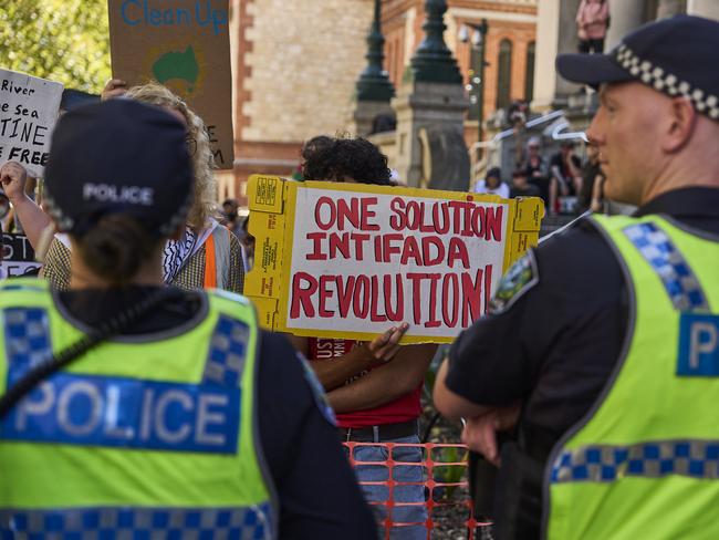 The Anti-Semitism rally next to the Pro-Palestine rally in Adelaide, Sunday, March 3, 2024. Picture: Matt Loxton