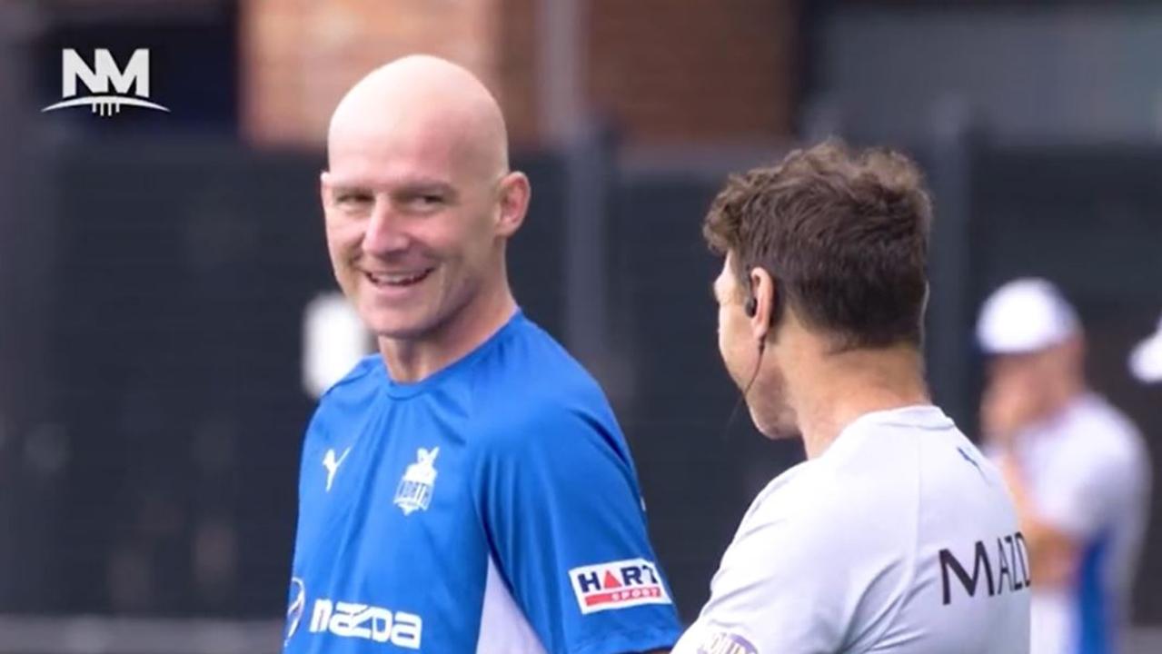 Ben Cunnington has returned to North Melbourne training for the first time after cancer treatment and is pictured here with former teammate Brent Harvey. Picture: Twitter