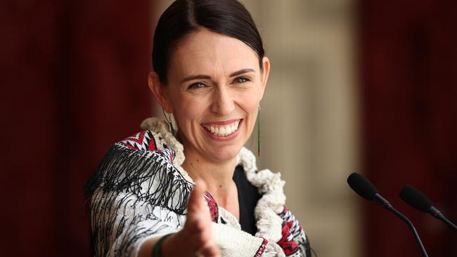 Jacinda Ardern speaks at the upper Treaty grounds Te Whare Runanga in Waitangi Picture: Getty Images.