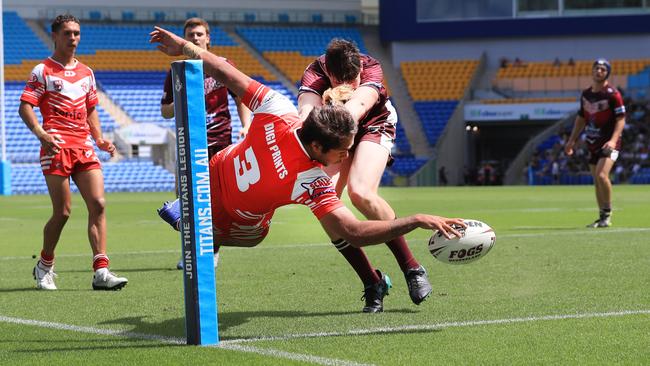 17th October 2020, Currumbin Eagles player Tylee Donovan takes a dramatic aerial dive to score in the corner during the Gold Coast Rugby League Under 18Ã•s Grand Final against the Burleigh Bears played at CBus Stadium Photo: Scott Powick Newscorp