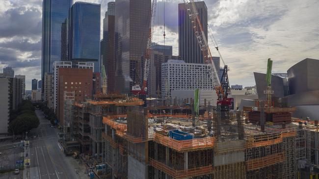 Los Angeles where downtown construction continues after a statewide stay at home order for California’s 40 million residents was declared except for necessary activities. Picture: AFP