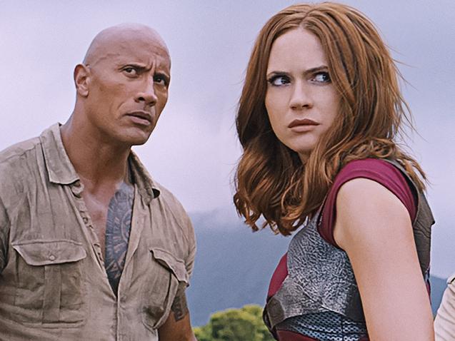 (l to r) Nick Jonas, Dwayne Johnson, Karen Gillan, Jack Black and Kevin Hart in a scene from film JUMANJI: WELCOME TO THE JUNGLE.