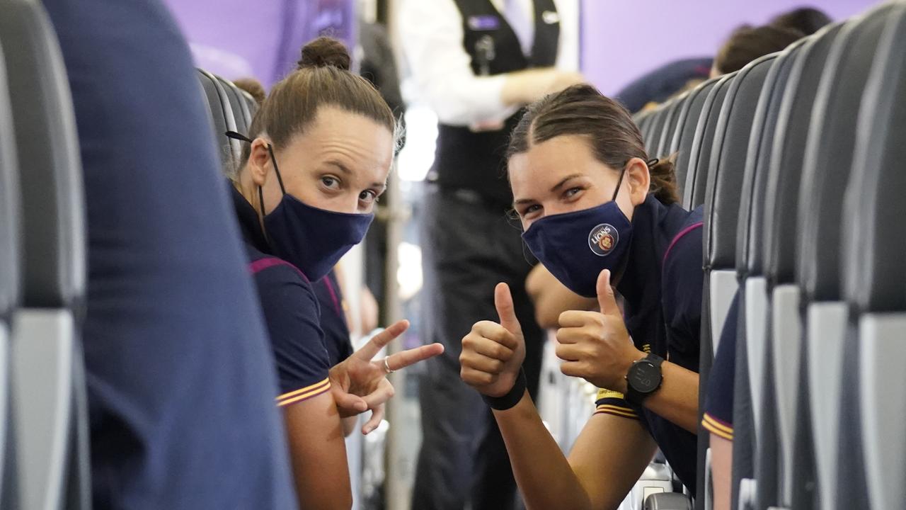 Brisbane Lions captain Emma Zielke and forward Sophie Conway on their plane ride to Melbourne. Picture: lions.com.au