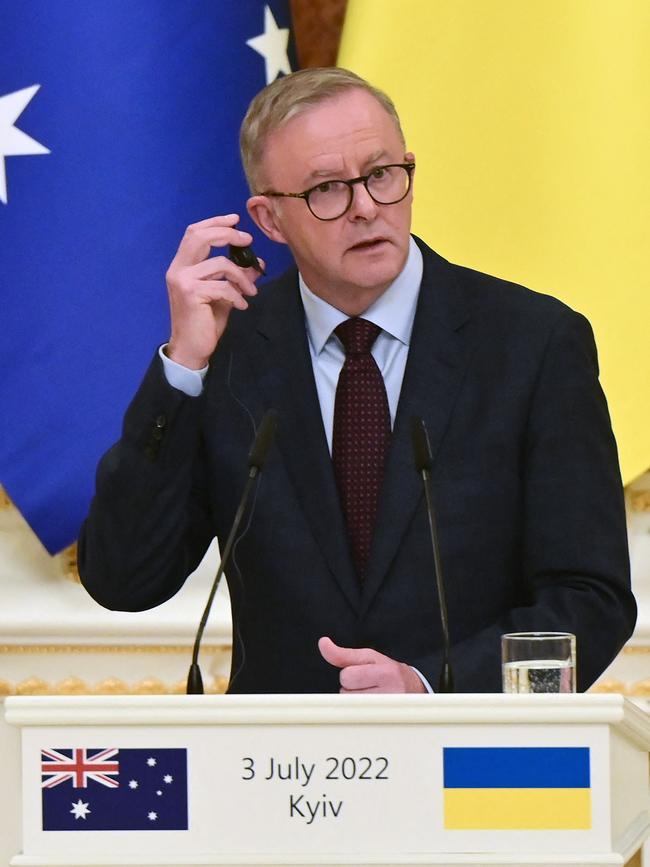 Australia’s Prime Minister Anthony Albanese listens during a joint press conference with Ukrainian President Volodymyr Zelensky at Mariynsky Palace. Picture: AFP