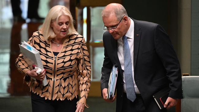 Minister for Industry Karen Andrews and Prime Minister Scott Morrison arrive for Question Time in the House of Representatives at Parliament House in Canberra, Wednesday, October 24, 2018. (AAP Image/Mick Tsikas) NO ARCHIVING