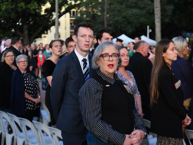 Anzac Day 2025. Dawn service Anzac Park Townsville. Rwandan veteran Robin White with her son Jackson Bird. Picture: Evan Morgan