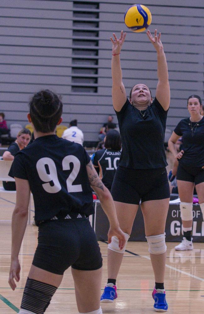 Action as the Ballina Tridents V the Seniorits in the Pan Pacific Masters Games Volletball tournament. Picture: Glenn Campbell