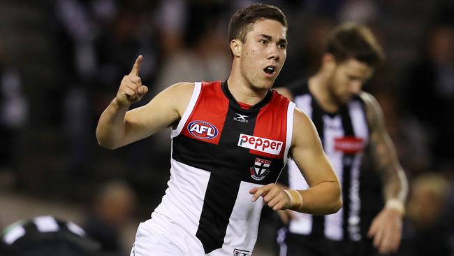 Jade Gresham celebrates after kicking a goal for St Kilda. Picture: Michael Klein