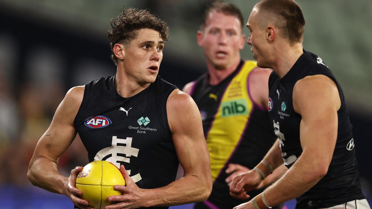 Charlie Curnow’s Carlton side scored upset Fremantle last weekend, but might still struggle to finish top-four. Picture: Michael Klein