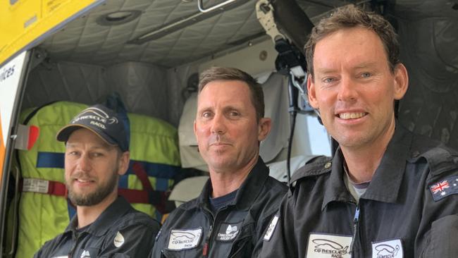 (From left to right) Quinton Rethus, Chris Muffett and pilot Doug White are three of RACQ CQ Rescue's dedicated professionals.  Picture: Duncan Evans