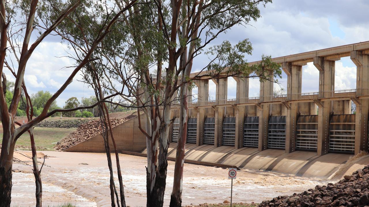 E.J. Beardmore Dam, St George, February 13. Massive inflows have nearly filled the dam, and water is spilling over.