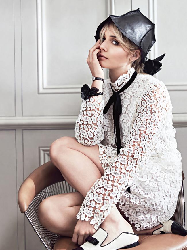 Macgraw dress (with neck tie) $225, Hatmaker hat $335 and brooch $155, Longines watch $4425, Oscar de la Renta cuff $645, Bally shoes $775. Picture: Sylve Colless