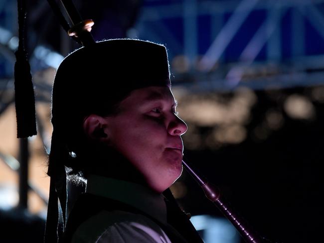 Anzac Day 2025. Dawn service Anzac Park Townsville. Michelle Hoddler from the Townsville RSL Pipes and Drums. Picture: Evan Morgan