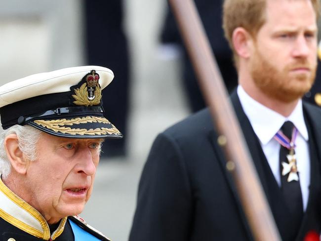 King Charles III and Prince Harry, Duke of Sussex follow the coffin of Queen Elizabeth II. The Queen’s death has impacted Harry’s plans for his memoir release. Picture: Getty Images