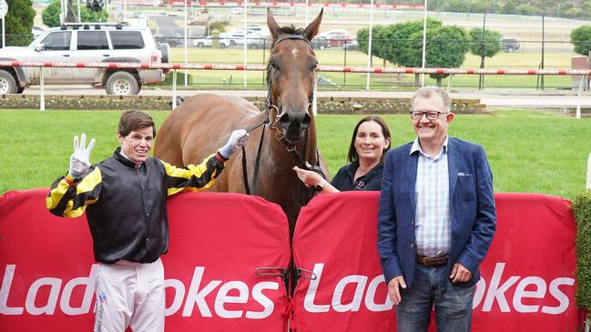 Craig Williams (left) celebrates his victory aboard Fickle at The Valley. Picture: Scott Barbour / Racing Photos