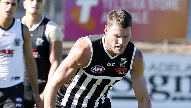 Port Adelaide’s Brad Ebert donning the Prison Bar guernsey at training. Picture: Sarah Reed.