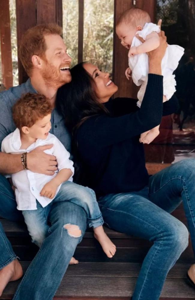 Prince Harry and Meghan Markle with Archie and Lilibet in their 2021 Christmas Card. Picture: Alexi Lubomirski/Handout/The Duke and Duchess of Sussex.