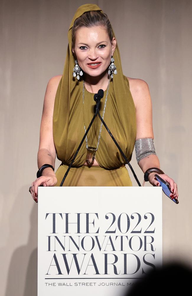 Moss appeared to clutch the podium at the WSJ. Magazine 2022 Innovator Awards last week. Picture: Dimitrios Kambouris/Getty Images for WSJ. Magazine Innovators Awards