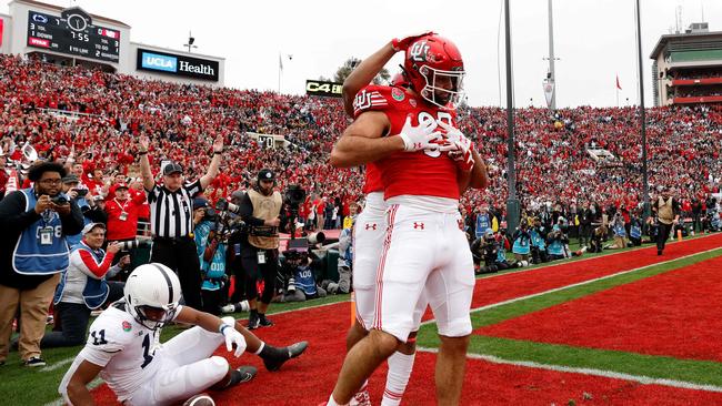 PASADENA, CALIFORNIA - JANUARY 02: Thomas Yassmin #87 of the Utah Utes celebrates after scoring a touchdown against the Penn State Nittany Lions during the second quarter in the 2023 Rose Bowl Game at Rose Bowl Stadium on January 02, 2023 in Pasadena, California.   Sean M. Haffey/Getty Images/AFP (Photo by Sean M. Haffey / GETTY IMAGES NORTH AMERICA / Getty Images via AFP)