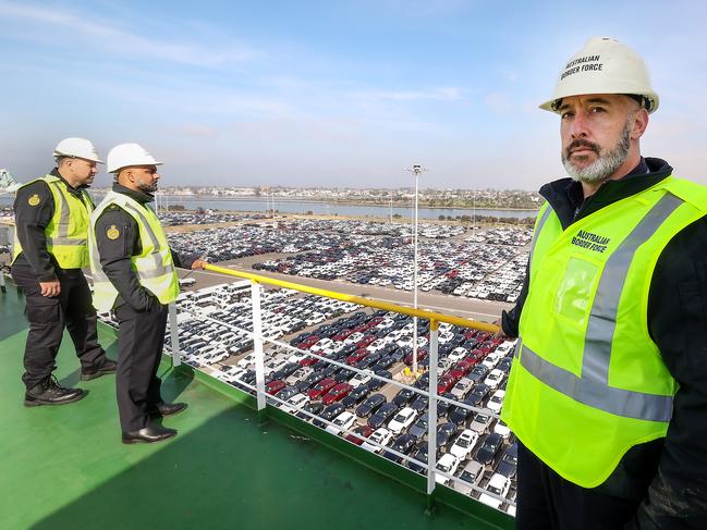 Australian Border Force Officers with Superintendent Dan Peters ready to inspect European model vehicles for drugs being ferried into Australia. Picture: Ian Currie