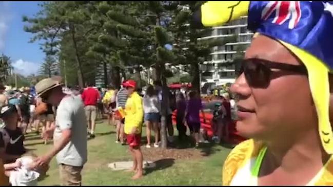 Beach volleyball fans Gregor Salvin and Nam Pham are two sweaty kangaroos